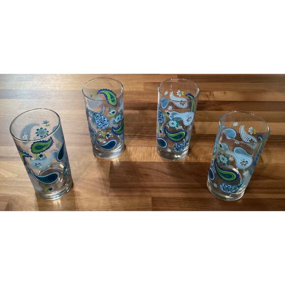 CRISA Libbey Blue Green Paisley Drinking Glass Tumblers 6” Tall Set Of 4 - Picture 2 of 10